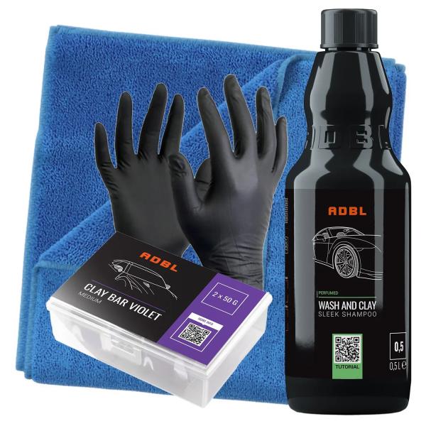 ADBL zestaw do glinkowania lakieru Clay Bar Violet 2x50g średnia glinka + szampon Wash and Clay 500ml